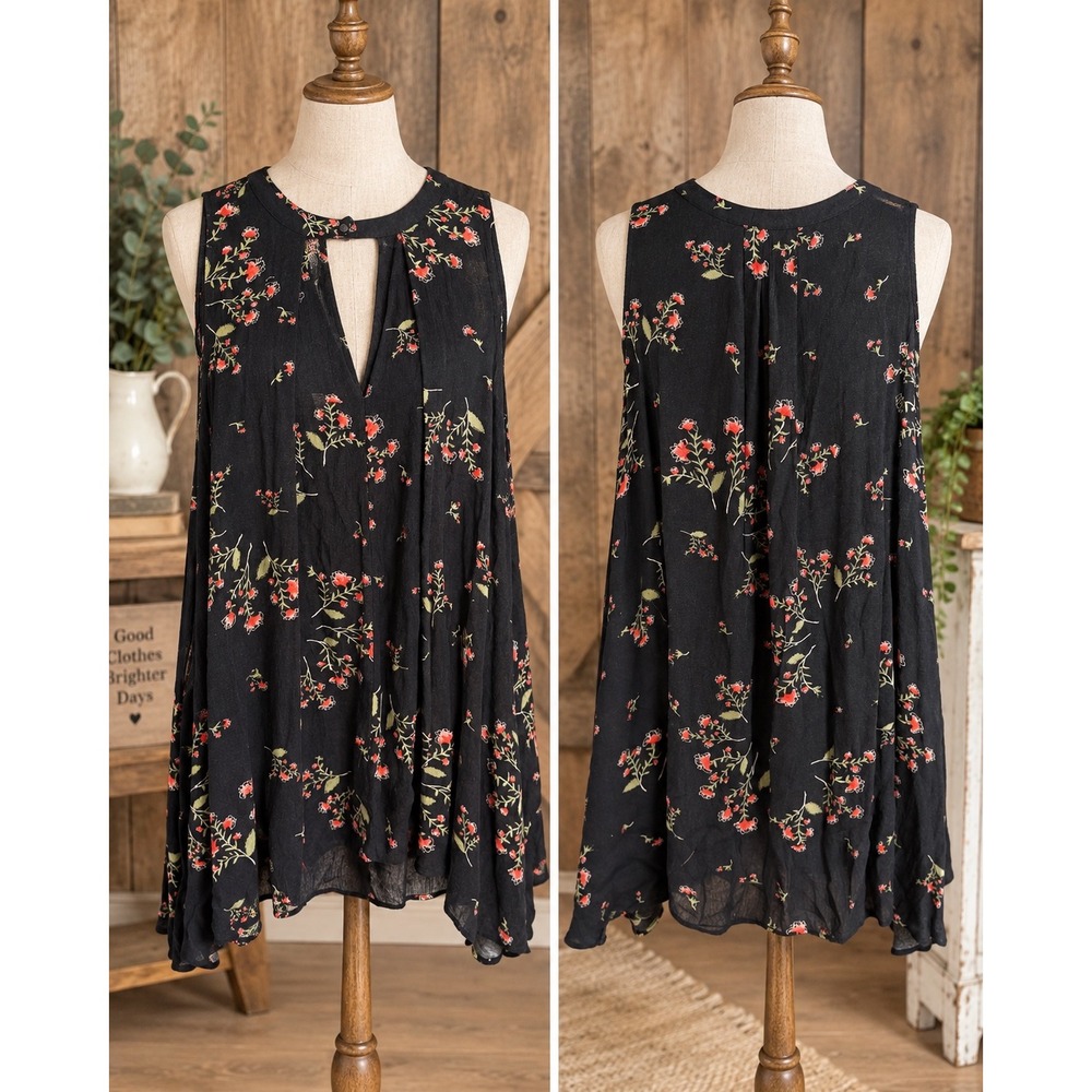 Free People Black Floral Swing Tunic Dress Sleeveless Keyhole Boho Size XS